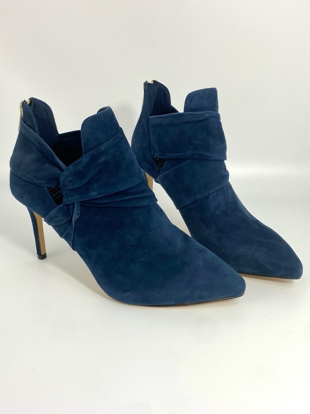 White House Black Market "Chloe" Side Twist Suede Stiletto Booties in Navy Blue